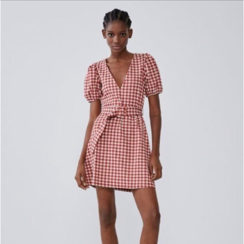 Zara red gingham mini belted dress